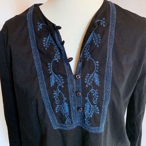 J.Crew Black with Blue Embroidery Long Sleeve Top